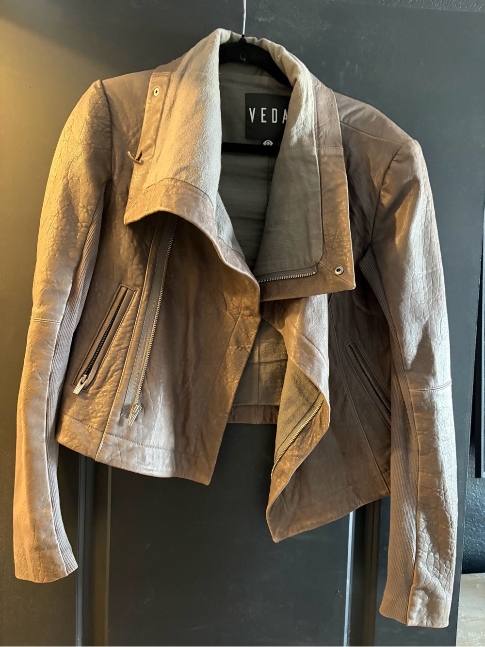 Veda Grey Draped Leather Moto Jacket